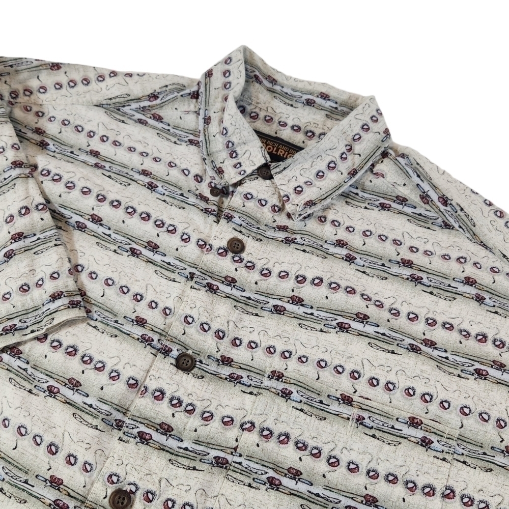 WOOLRICH Mens L Rod & Bouy Short Sleeve Button Down Camp Shirt Outdoor Fishing